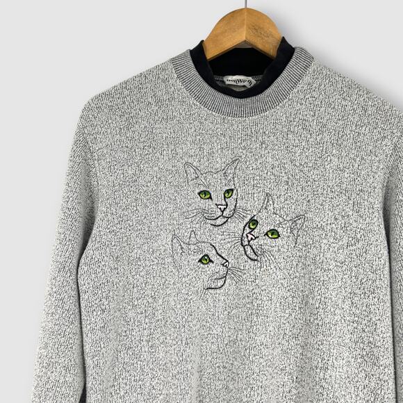 90s Vintage Cat Embroidered Sweatshirt Gray Knit Pullover Size Large - Picture 5 of 5